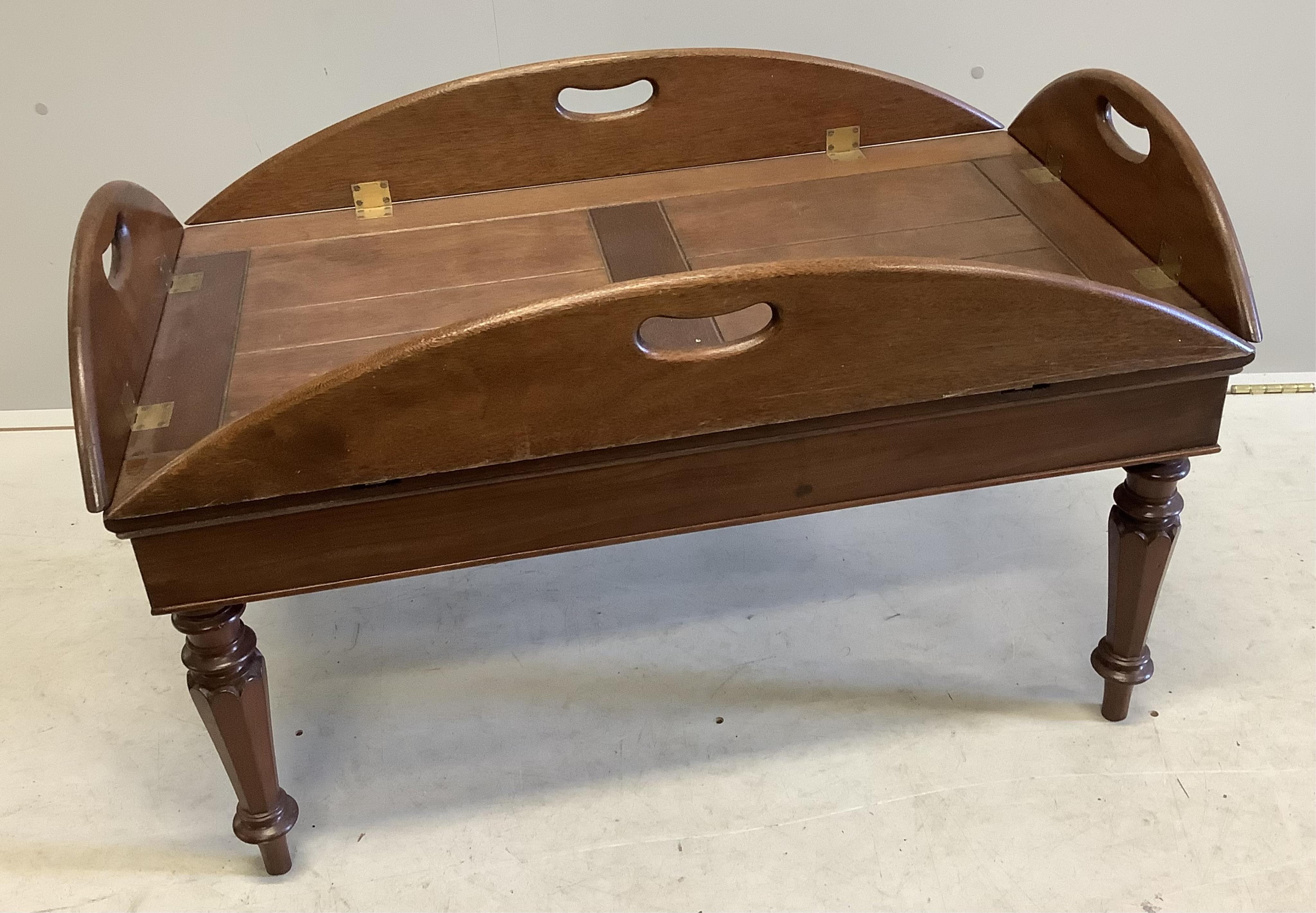 A reproduction mahogany butler's tray on stand, width 95cm, depth 54cm, height 58cm. Condition - fair